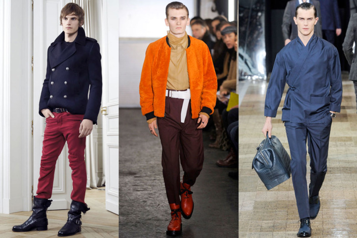 From left: new menswear looks from Balmain, Phillip Lim, and Louis Vuitton.