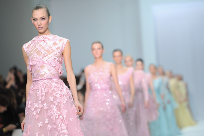 Models walk the runway during the Elie Saab Spring/Summer 2012 Haute-Couture Show as part of Paris Fashion Week at Grand Palais on January 25, 2012 in Paris, France.