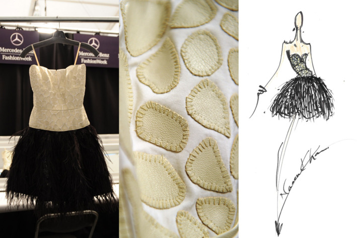 Khan's leather corset dress, plus a detail shot and sketch.