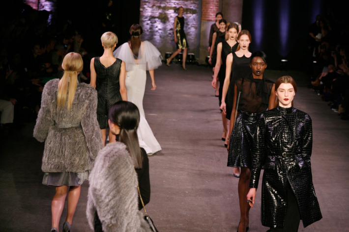 NEW YORK, NY - FEBRUARY 11: Models walk the runway at the Christian Siriano fall 2012 fashion show during Mercedes-Benz Fashion Week at the Eyebeam Atelier on February 11, 2012 in New York City. (Photo by Andy Kropa/Getty Images for Payless)