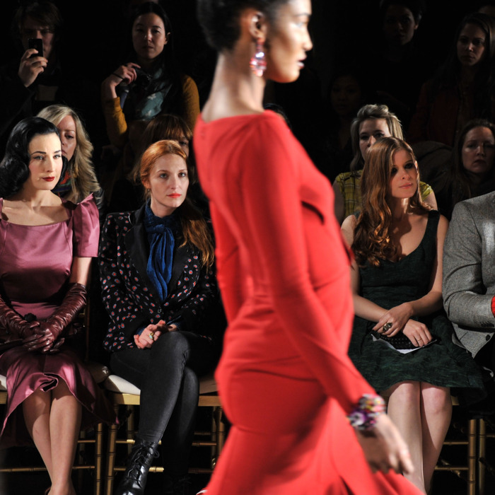 NEW YORK, NY - FEBRUARY 12: (L-R) Stylist Brad Goresk, Dita Von Teese, actress Josephine de La Baum, actress Kate Mara and InStyle Fashion Director Hal Rubenstein attend the Zac Posen Fall 2012 fashion show during Mercedes-Benz Fashion Week at the David Koch Theatre at Lincoln Center on February 12, 2012 in New York City. (Photo by Stephen Lovekin/Getty Images)