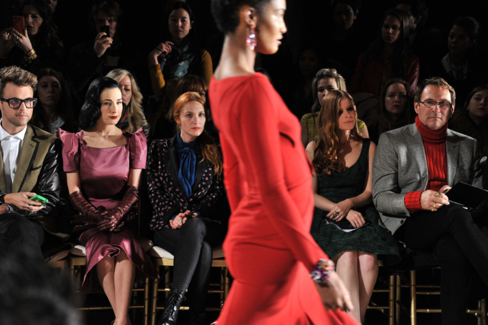 NEW YORK, NY - FEBRUARY 12: (L-R) Stylist Brad Goresk, Dita Von Teese, actress Josephine de La Baum, actress Kate Mara and InStyle Fashion Director Hal Rubenstein attend the Zac Posen Fall 2012 fashion show during Mercedes-Benz Fashion Week at the David Koch Theatre at Lincoln Center on February 12, 2012 in New York City. (Photo by Stephen Lovekin/Getty Images)