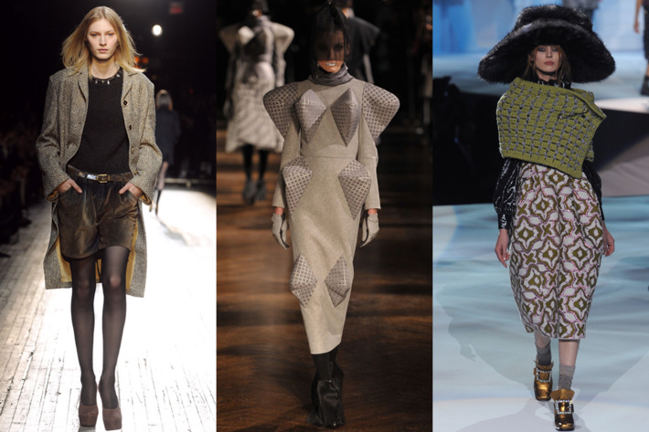 From left: looks from Theyskens' Theory, Thom Browne, and Marc Jacobs