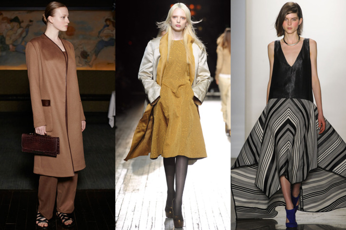 From left: looks from The Row, Theyskens' Theory, and Zero + Maria Cornejo.