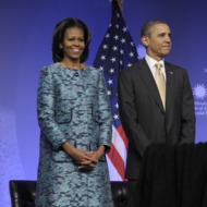 President Barack Obama and first lady Michelle Obama arrive to attend a groundbreaking ceremony at the construction site of the Smithsonian National Museum of African American History and Culture in Washington, Wednesday, Feb. 22, 2012.