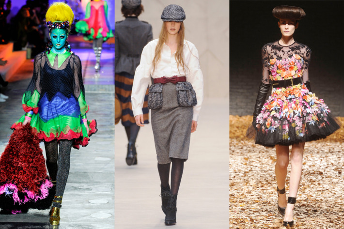 From left: looks from Meadham Kirchhoff, Burberry, and McQ
