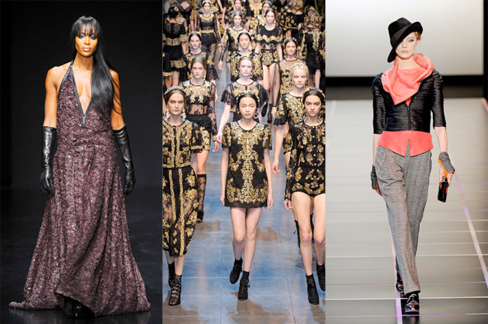 From left: looks from Robert Cavalli, Dolce & Gabbana, and Giorgio Armani
