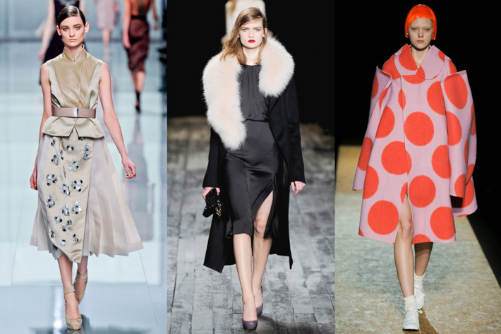 From left: looks from Dior, Nina Ricci, and Comme des Garçons.