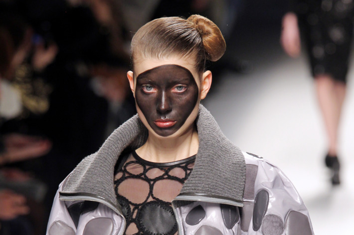 A model walks in the Lie Sang Bong fall 2012 show in Paris yesterday.