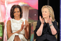 US First Lady Michelle Obama (R) and Secretary of State Hillary Clinton attend the 2012 International Women of Courage Awards ceremony at the State Department in Washington, DC, on March 8, 2012. The prestigious Secretary of State?s Award for International Women of Courage annually recognizes women around the globe who have shown exceptional courage and leadership in advocating for women?s rights and empowerment, often at great personal risk.