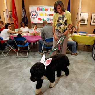 To kick off the Month of the Military Child, first lady Michelle Obama and her dog Bo participate in a pre-Easter celebration with military families and children at the Fisher House on Walter Reed National Military Medical Center April 4, 2012 in Bethesda, Maryland. The Fisher Houses are