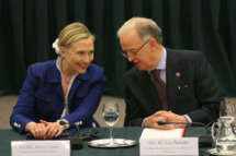 US Secretary Of State Hillary Clinton (L) listens to Portugal's former president and UN High Representative Jorge Sampaio as they take part in the Community Of Democracies ministerial conference in Vilnius on July 1, 2011. The Community of Democracies, an informal grouping of more than a hundred countries set up in 2000 to help cement freedoms worldwide, kicked off a two-day conference in the Baltic state of Lithuania yesterday. AFP PHOTO / PETRAS MALUKAS (Photo credit should read PETRAS MALUKAS/AFP/Getty Images)