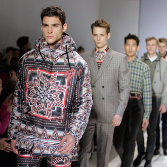PARIS, FRANCE - JANUARY 18: A model walks the runway during the Christian Lacroix Homme Menswear Autumn/Winter 2013 show as part of Paris Fashion Week at Les Beaux-Arts de Paris on January 18, 2012 in Paris, France. (Photo by Franck Prevel/Getty Images)