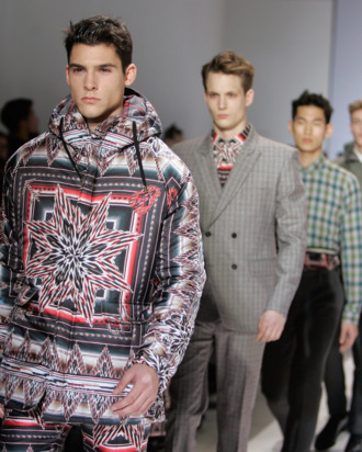 PARIS, FRANCE - JANUARY 18: A model walks the runway during the Christian Lacroix Homme Menswear Autumn/Winter 2013 show as part of Paris Fashion Week at Les Beaux-Arts de Paris on January 18, 2012 in Paris, France. (Photo by Franck Prevel/Getty Images)