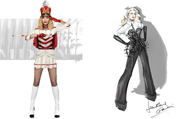 Renderings of two of Madonna's tour costumes, courtesy of WWD.
