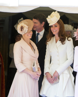Sophie Rhys-Jones, Countess of Wessex and Catherine, Duchess of Cambridge watch the Order of the Garter procession at Windsor Castle on June 18, 2011 in Windsor, England.