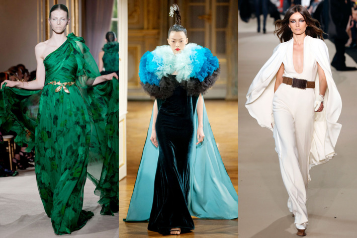 From left: cape dresses at Giambattista Valli, Alexis Mabille, and Stephane Rolland.