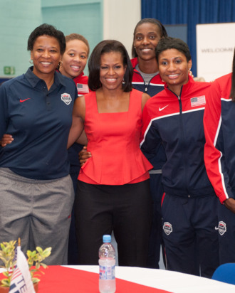 First Lady Michelle Obama meets members of the 2012 Team USA at the University of East London on July 27, 2012 in London, England. Michelle Obama addressed members of the 2012 Team USA as leader of the US Olympics delegation, ahead of opening ceremony for the Olympics.