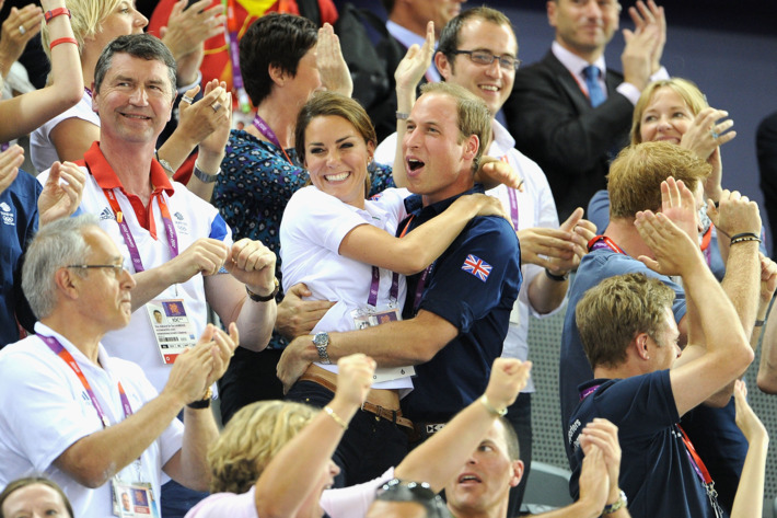 Catherine, Duchess of Cambridge and Prince William, Duke of Cambridge embrace after Philip Hindes, Jason Kenny and Sir Chris Hoy of Great Britain win the gold and a new world record in the Men's Team Sprint Track Cycling final during Day 6 of the London 2012 Olympic Games at Velodrome on August 2, 2012 in London, England.