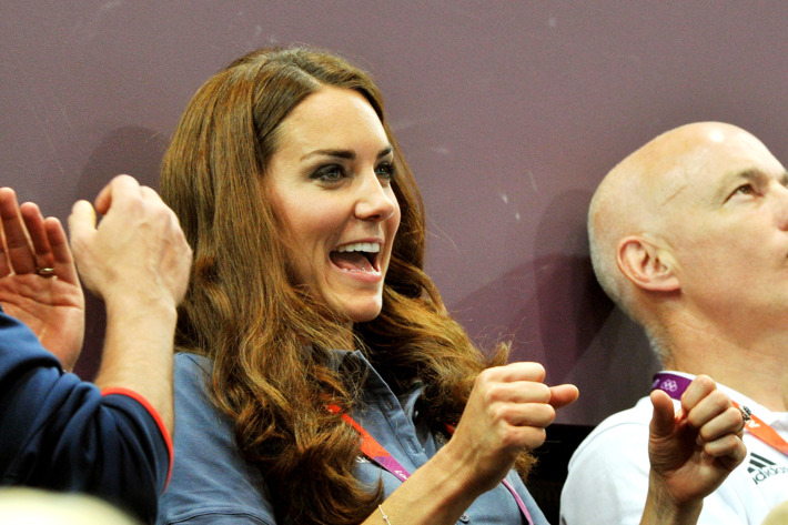 Catherine, Duchess of Cambridge jubilates during the Women's Handball Preliminaries Group A match between Great Britain and Croatia on Day 9 of the London 2012 Olympic Games at the Copper Box on August 5, 2012 in London, England.