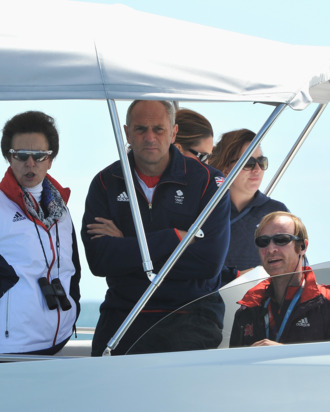 Princess Anne and Sir Timothe Laurence (L) attend Women's Laser Radials race on Day 10 of the London 2012 Olympic Games at the Weymouth & Portland Venue at Weymouth Harbour on August 6, 2012 in Weymouth, England.