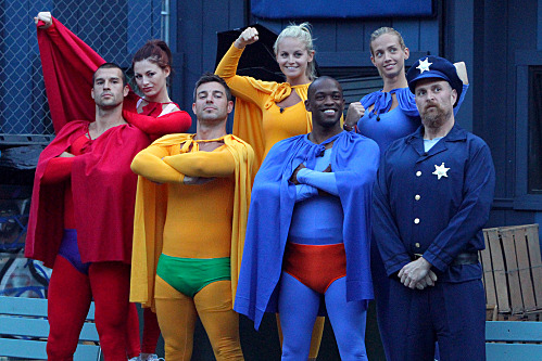 "Up Up and Away" -- The Houseguests for the CBS series Big Brother 13 (L-R) Brendan, Rachel, Jeff, Jordan, Keith, Porsche, and Adam participate in the "Up Up and Away" superhero-themed veto competition. Big Brother currently broadcasts three nights weekly, on Sundays (8:00-9:00 PM, ET/PT), Wednesdays (8:00-9:00 PM, ET/PT) and the LIVE eviction show, hosted by Julie Chen, Thursdays (9:00–10:00 PM, live ET/delayed PT) on the CBS Television Network.
Photo: Bill Inoshita/CBS
? CBS Broadcasting, Inc. All Rights Reserved.