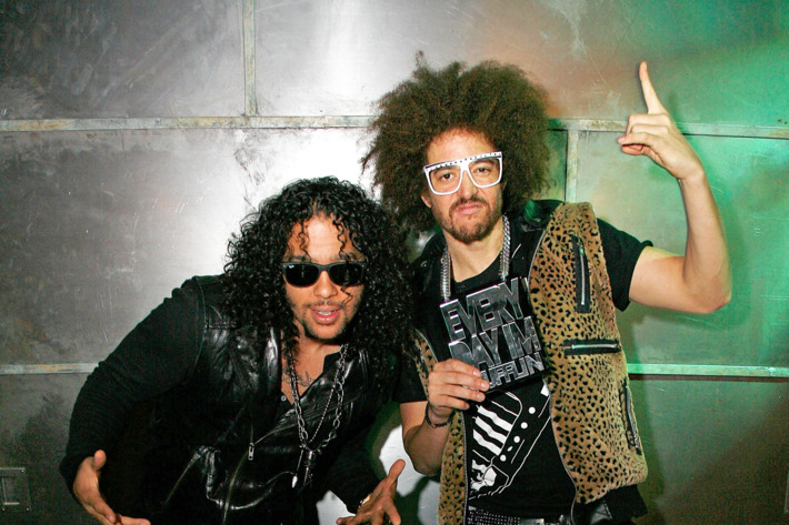 NEW YORK, NY - APRIL 28: (L to R) SkyBlu (Skyler Gordy) and Redfoo (Stefan Kendal Gordy) of LMFAO tape an episode of Top Twenty Countdown at fuse Studios on April 28, 2011 in New York City. (Photo by Andy Kropa/Getty Images) *** Local Caption *** Skyler Gordy;Stefan Kendal Gordy;