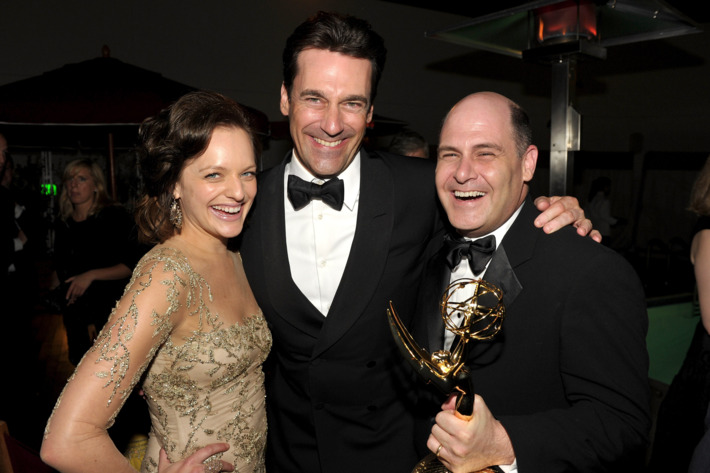 BEVERLY HILLS, CA - SEPTEMBER 18: (L-R) Actors Elisabeth Moss, Jon Hamm, and producer Matthew Weiner attend the AMC After Party for the 63rd Annual EMMY Awards held at Mr. C Beverly Hills on September 18, 2011 in Beverly Hills, California. (Photo by John Shearer/Getty Images for AMC)