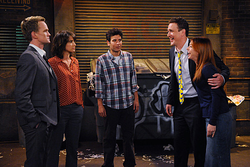 "Ducky Tie" -- "The Ducky Tie" - Marshall (Jason Segel, right) and Lily (Alyson Hannigan, right) make a bet with Barney (Neil Patrick Harris, left), while having dinner with Robin (Cobie Smulders, second left) and Ted (Josh Radnor, center) at Shinjitsu, that could force him to wear Marshall's ducky tie on HOW I MET YOUR MOTHER, Monday, Sept. 26 (8:00 - 8:30 PM ET/PT) on the CBS Television Network
Photo: Ron P. Jaffe/CBS
©2011 CBS Broadcasting, Inc. All Rights Reserved.