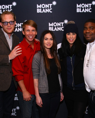 NEW YORK, NY - NOVEMBER 14: (L-R) Patricia McGregor, Paul Bettany, Jack Mcbrayer, Megan Fox, Sarah Silverman and Tracy Morgon pose after curtain call for MONTBLANC Presents The 10th Annual Production of