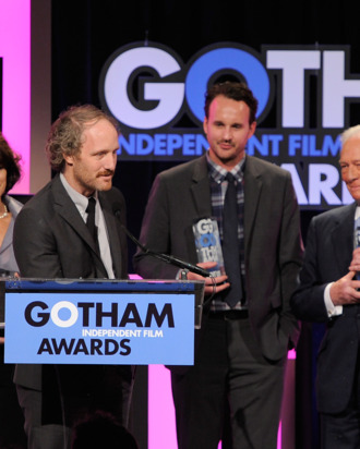 NEW YORK, NY - NOVEMBER 28: Director Mike Mills speaks onstage as Mary Page Keller, Kai Lennox and Christopher Plummer look on at the IFP's 21st Annual Gotham Independent Film Awards at Cipriani Wall Street on November 28, 2011 in New York City. (Photo by Jemal Countess/WireImage for IFP)