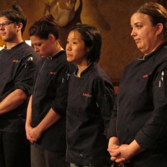 Chris Jones, Grayson Schmitz, Beverly Kim, Heather Terhune at the judges table in episode 907 of Top Chef on Bravo.