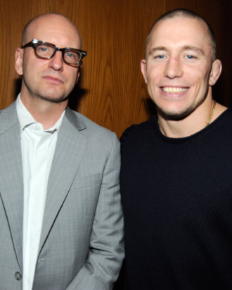 LOS ANGELES, CA - JANUARY 05: Director Steven Soderbergh (L) and UFC fighter Georges St-Pierre attend Relativity Media's premiere of