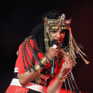 M.I.A. performs during the Bridgestone Super Bowl XLVI Halftime Show