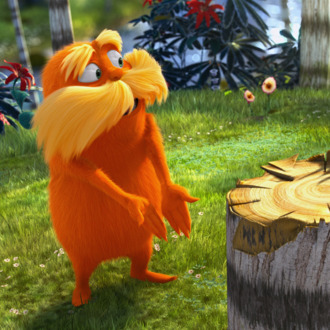 The Lorax (DANNY DEVITO) demands to know who chopped down the Truffula Tree in