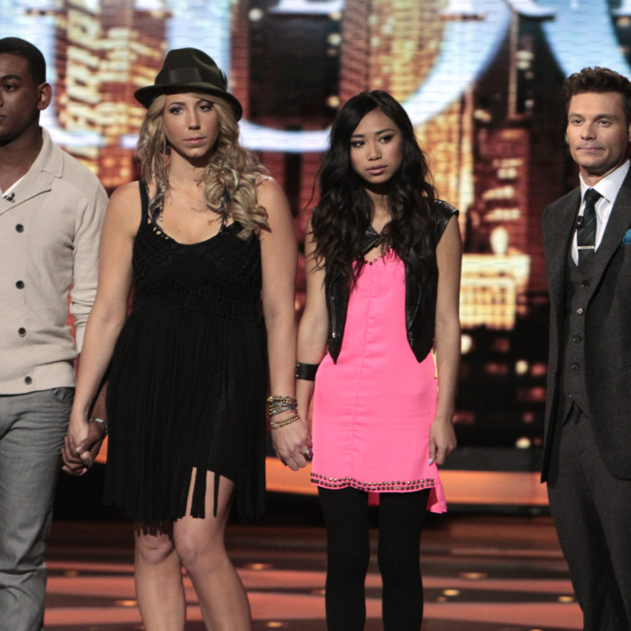 AMERICAN IDOL: The Bottom 3: L-R: Josh Ledet, Elise Testone and Jessica Sanchez. Also pictured: Ryan Seacrest (R).