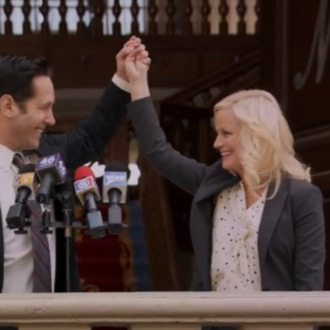 PARKS AND RECREATION Amy Poehler as Leslie Knope, Paul Rudd as Bobby Newport