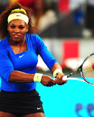 Serena Williams of USA plays a backhand during her 2nd round match against Anasasia Pavlyuchenkova of Russia during the Mutua Madrilena Madrid Open