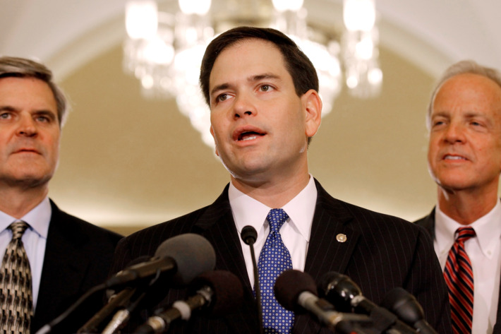 Sen. Marco Rubio (R-FL) (C) speaks during news conference