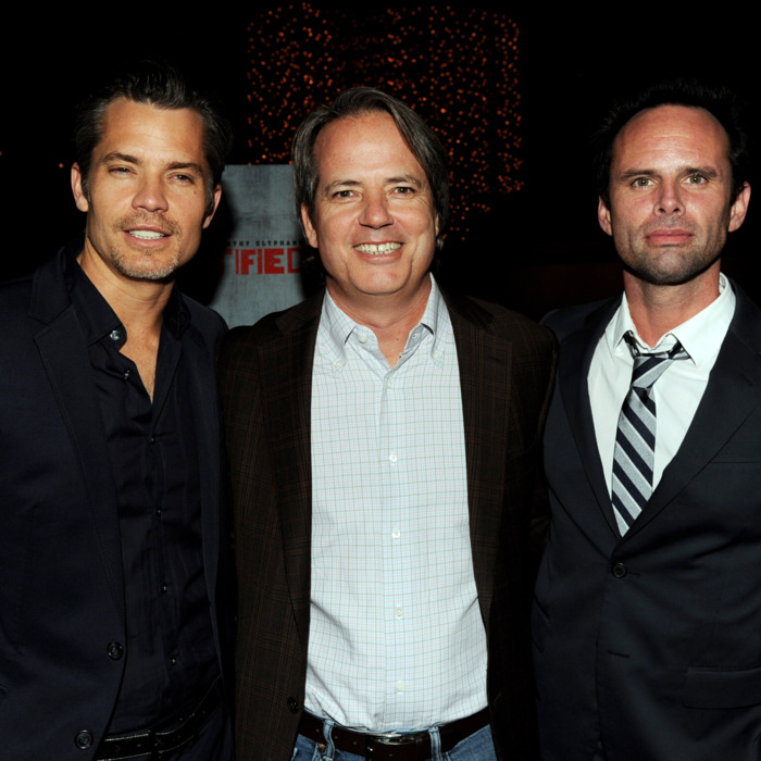 Actor Timothy Olyphant, executive producer Graham Yost and actor Walton Goggins arrive at the premiere of FX Networks & Sony Pictures Television's