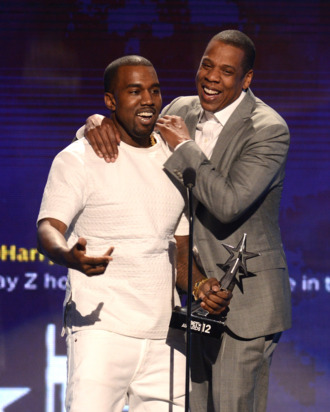 LOS ANGELES, CA - JULY 01: Recording artists Kanye West (L) and Jay-Z accept the award for Video of the Year onstage during the 2012 BET Awards at The Shrine Auditorium on July 1, 2012 in Los Angeles, California. (Photo by Michael Buckner/Getty Images For BET)