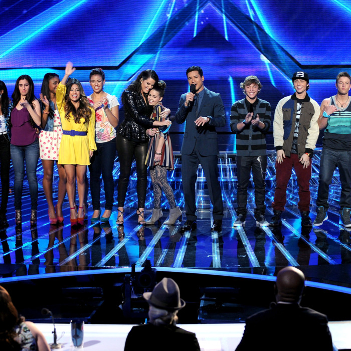 (L-R) Top 6 contestants CeCe Frey, Diamond White, Fifth Harmony, host Khloe Kardashian, contestant Carly Rose Sonenclar, host Mario Lopez and contestants Emblem 3 and Tate Stevens onstage at FOX's