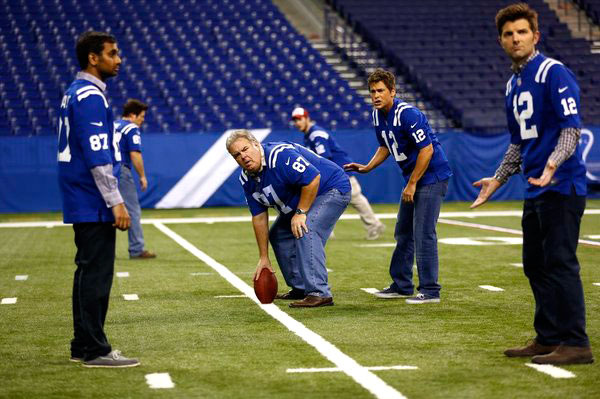 PARKS AND RECREATION -- "Two Parties" Episode 510 -- Pictured: (l-r) Aziz Ansari as Tom Haverford, Jim O'Heir as Associate Director Jerry Gergich, Rob Lowe as Chris Traeger, Adam Scott as Ben Wyatt