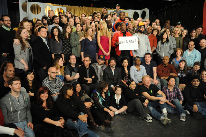 30 ROCK -- "Part 1: Hogcock! Part 2: Last Lunch" Episode 712/713 -- Pictured: (l-r) Sue Galloway as Sue, John Lutz as Lutz, Katrina Bowden as Cerie, Kevin Brown as Dotcom, Tracy Morgan as Tracy Jordan, Grizz Chapman as Grizz, Judah Friedlander as Frank, Keith Powell as Toofer