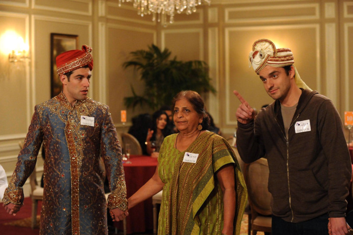 NEW GIRL: Schmidt (Max Greenfield, L) and Nick (Jake Johnson, R) play a game with an older Indian woman (guest star Swati Panat, C) when they attend a dating convention in the "Table 34" episode of NEW GIRL airing Tuesday, Feb. 5 (9:00-9:30 PM ET/PT) on FOX.