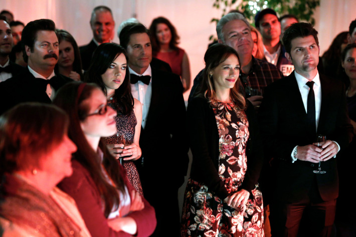 PARKS AND RECREATION -- "Emergency Response" Episode 512 -- Pictured: (l-r) Nick Offerman as Ron Swanson, Aubrey Plaza as April Ludgate, Rob Lowe as Chris Traeger, Rashida Jones as Ann Perkins, Jim O'Heir as Associate Director Jerry Gergich, Adam Scott as Ben Wyatt