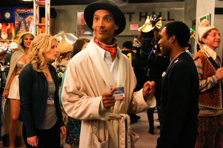 COMMUNITY -- "Conventions of Space and Time" Episode 404 -- Pictured: (l-r) Gillian Jacobs as Britta, Danny Pudi as Abed, Donald Glover as Troy