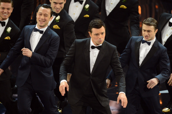 Joseph Gordon-Levitt, Seth MacFarlane and Daniel Radcliffe perform during the show at the 85th Annual Academy Awards on February 24, 2013 in Hollywood, California.