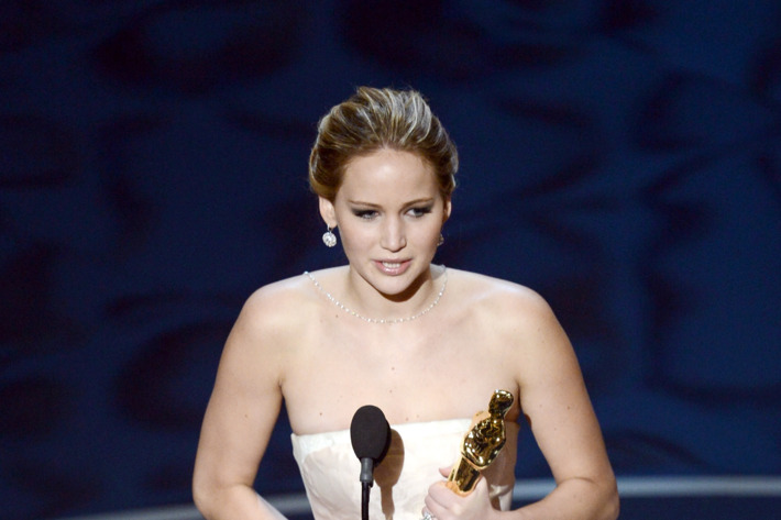 HOLLYWOOD, CA - FEBRUARY 24: Actress Jennifer Lawrence accepts the Best Actress award for "Silver Linings Playbook" during the Oscars held at the Dolby Theatre on February 24, 2013 in Hollywood, California. (Photo by Kevin Winter/Getty Images)