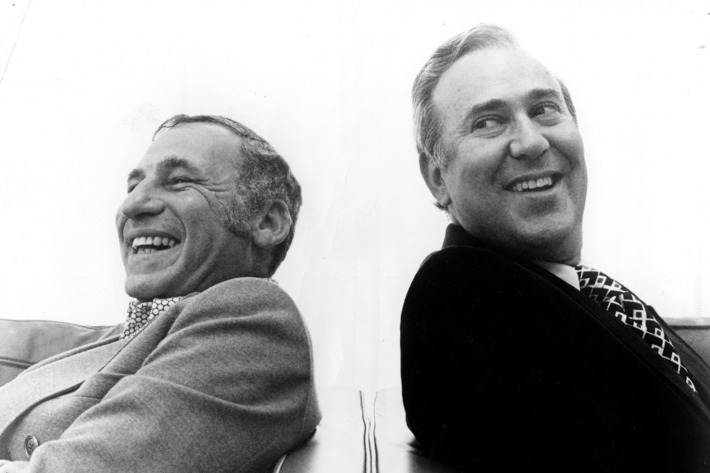 Actors Mel Brooks and Carl Reiner pose for a publicity portrait for their program "2000 And Thirteen Year Old Man" in 1974.